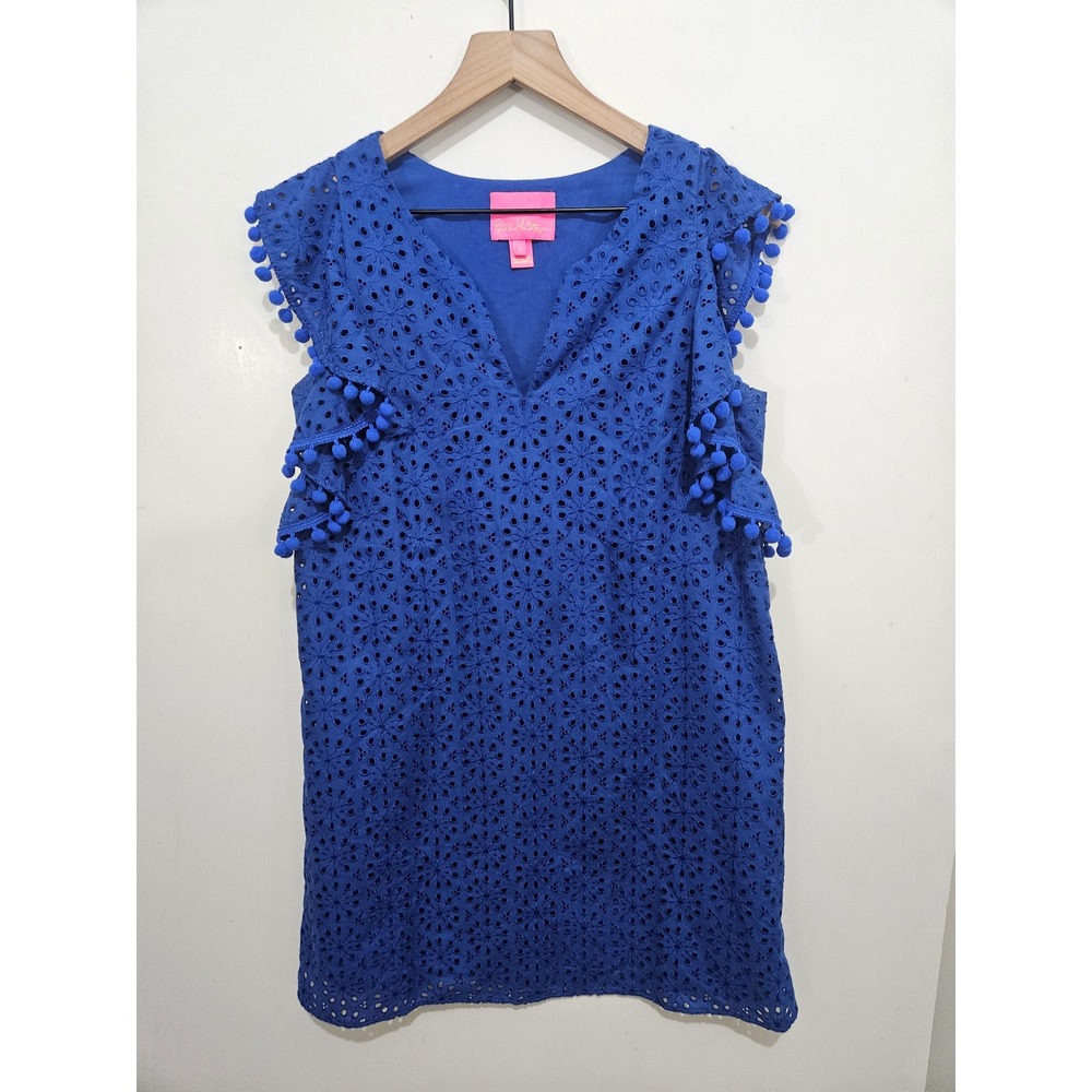 Lilly Pulitzer S Blue Eyelet Shift Dress Pom Pom Ruffle Sleeve Resort Preppy